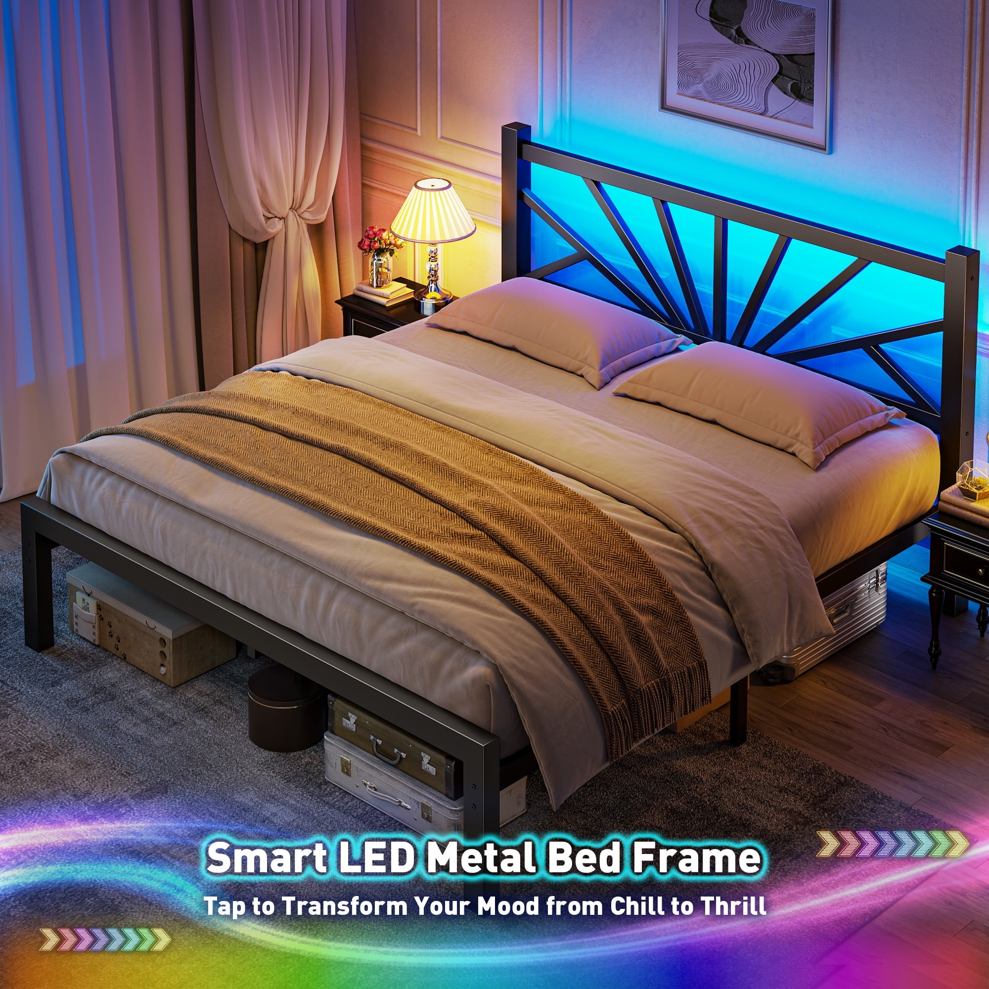 EnHomee Queen Size Metal Bed Frame with Headboard Metal Platform Bed Frame with LED Lights Bed Frame Queen with Storage Underbed, Noise Free, No Box Spring, Black