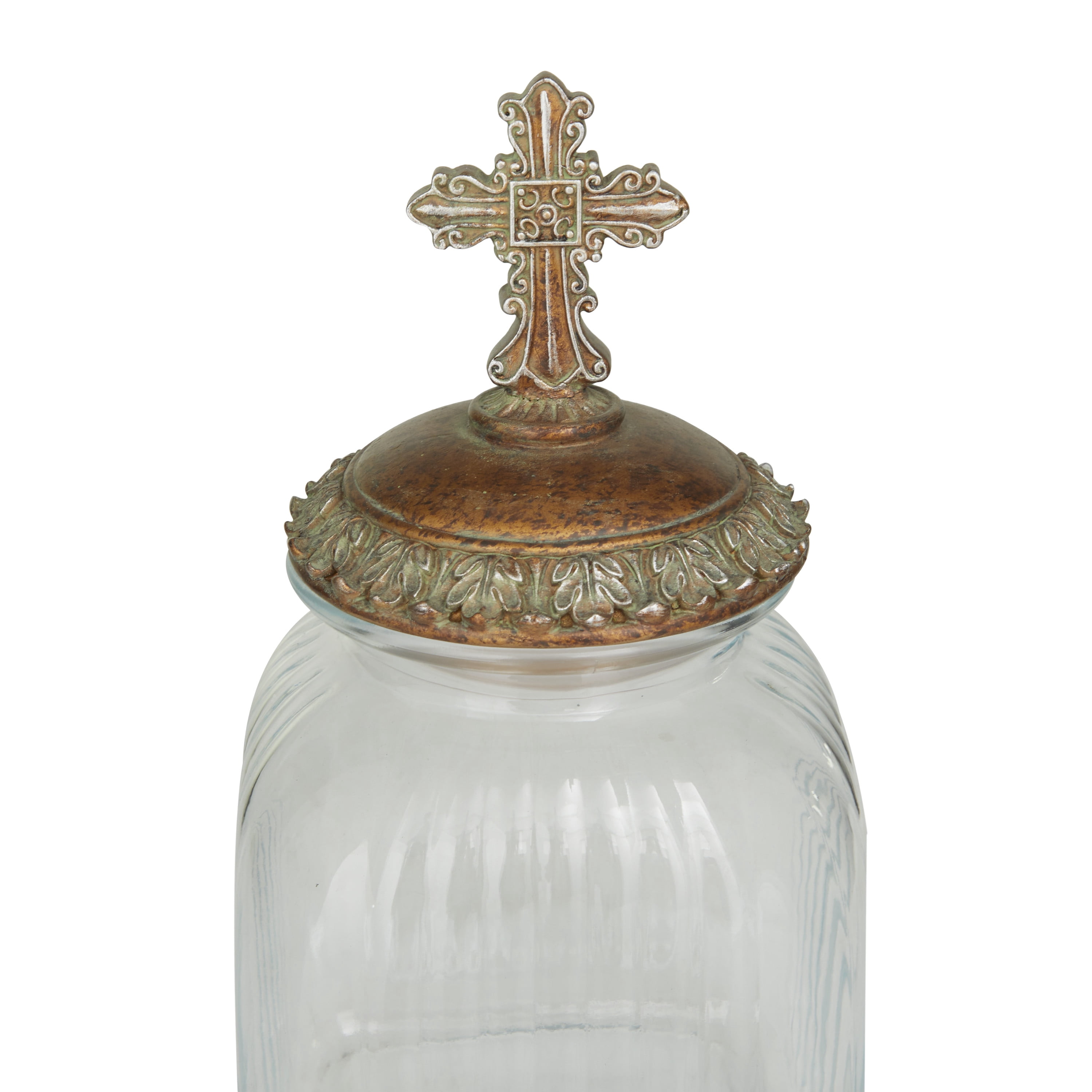 DecMode 15", 13", 11"H Clear Glass Biblical Decorative Jars with Cross Lids, 3-Pieces
