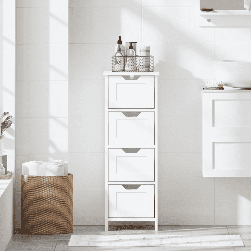 Bathroom Floor Cabinet with 4 Drawers, Freestanding Wooden Storage Organizer for Bathroom, Hallway or Living Room, Narrow White Side Cabinet with Space-Saving Vertical Design, White