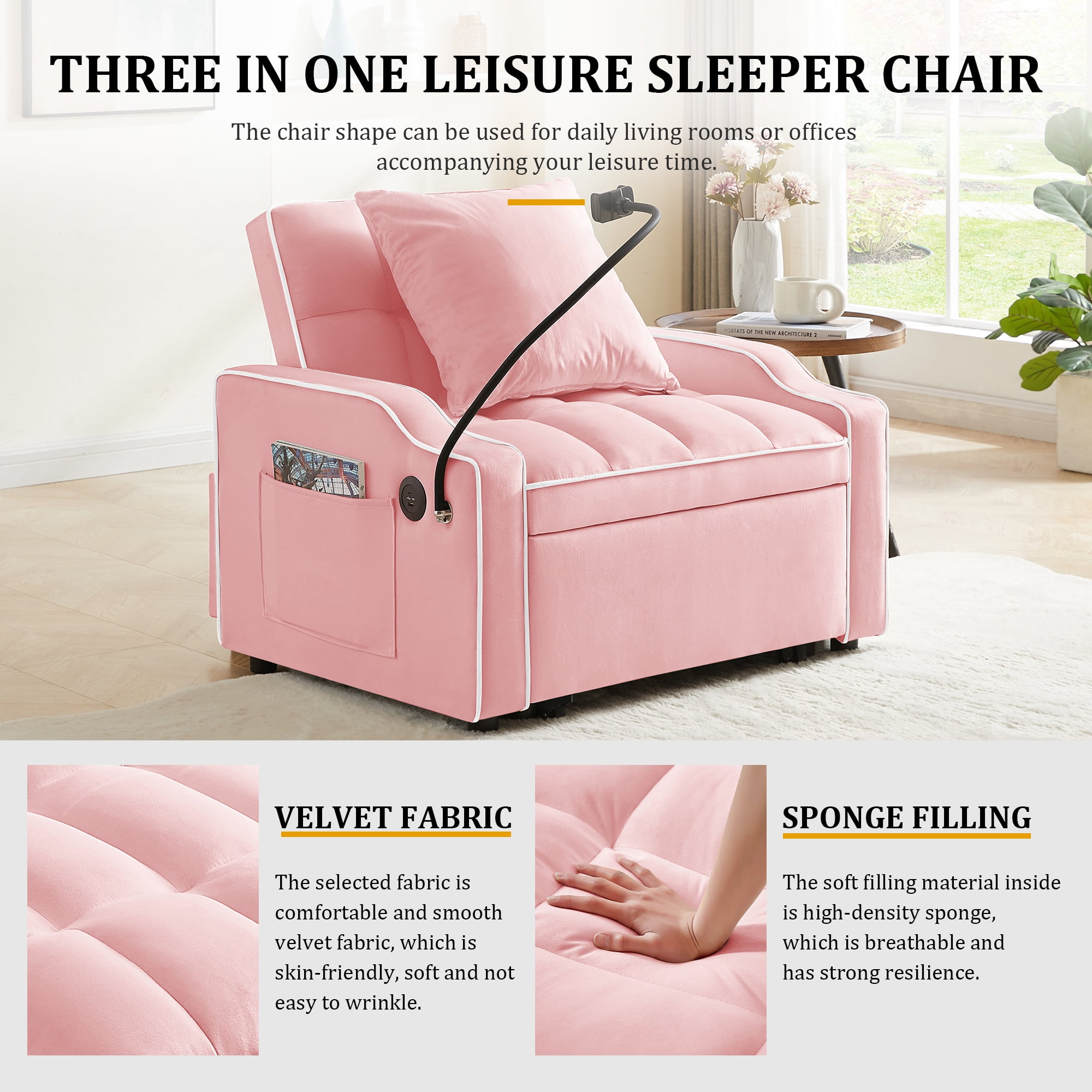MOONMISS 3 in 1 Sleeper Sofa Chair Bed,Velvet Adjustable Recliner with Charge Ports&Phone Holder,Pink