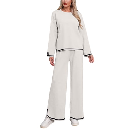 HAPIMO 2 Piece Sets for Women Knit Sets Casual Crewneck Pullover Tops Solid Long Sleeve Shirt Wide Leg Long Pant Loungewear Set White L