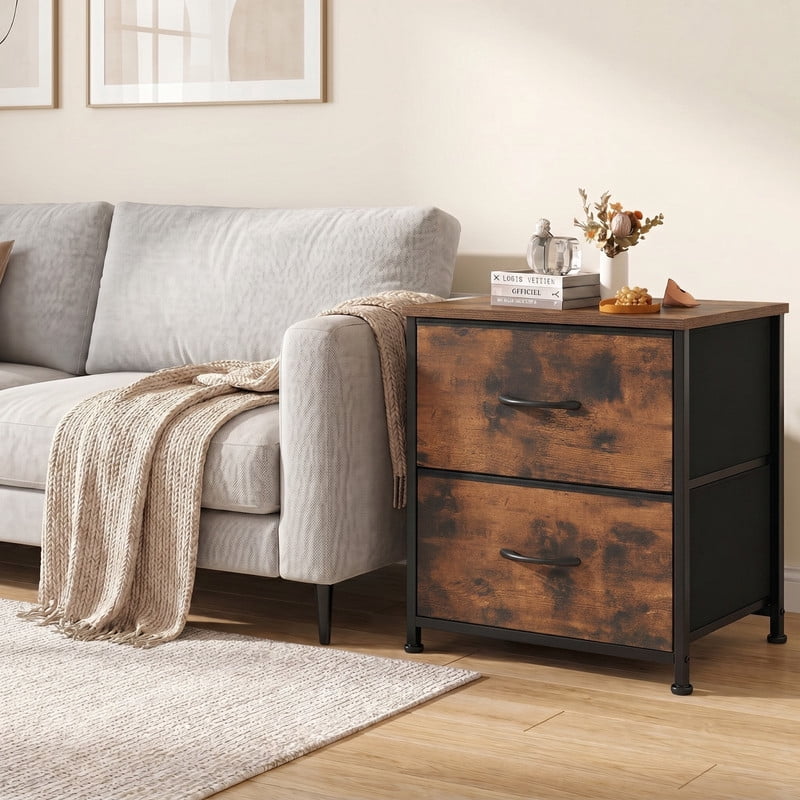 Kelno Nightstand 2 Drawers Fabric Storage Dresser Small Bedside Table Wood Top, Rustic Brown
