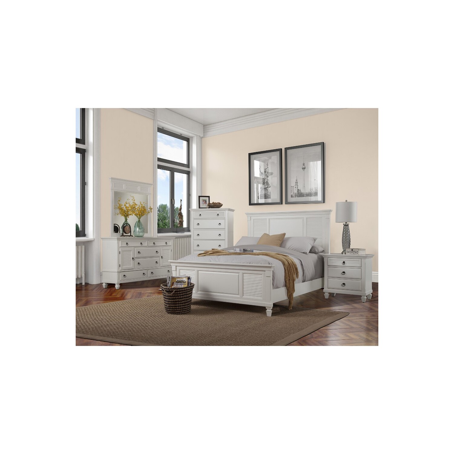 BenJara Pine Wood California King Size Shutter Panel Bed in White