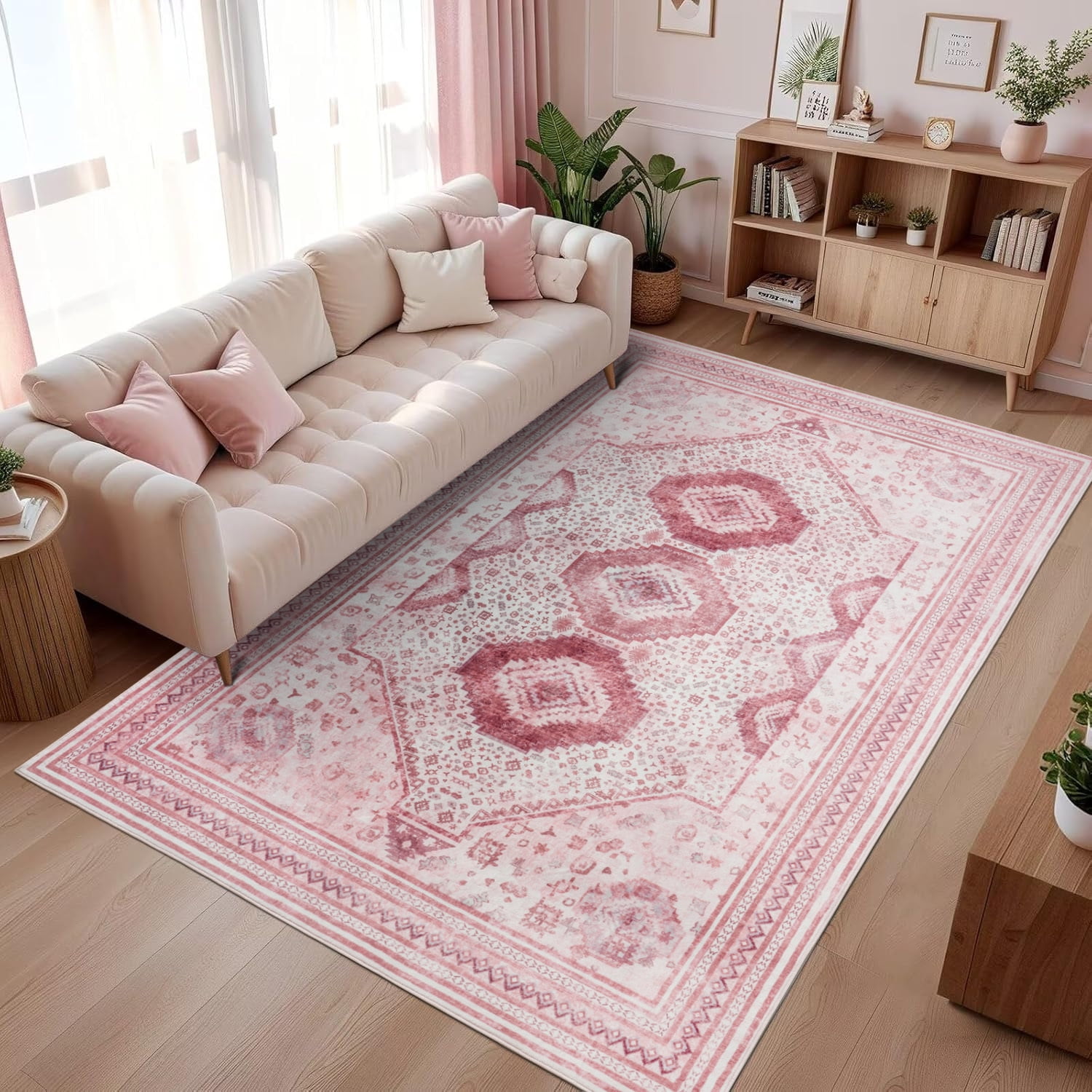 Astorug 4x6 Area Rugs for Living Room, Washable Area Rug, Rugs for Bedroom, Kitchen Rugs, Vintage Boho Carpet, Soft Non-Slip, Low Pile Area Rug for Office Dining Room, Pink