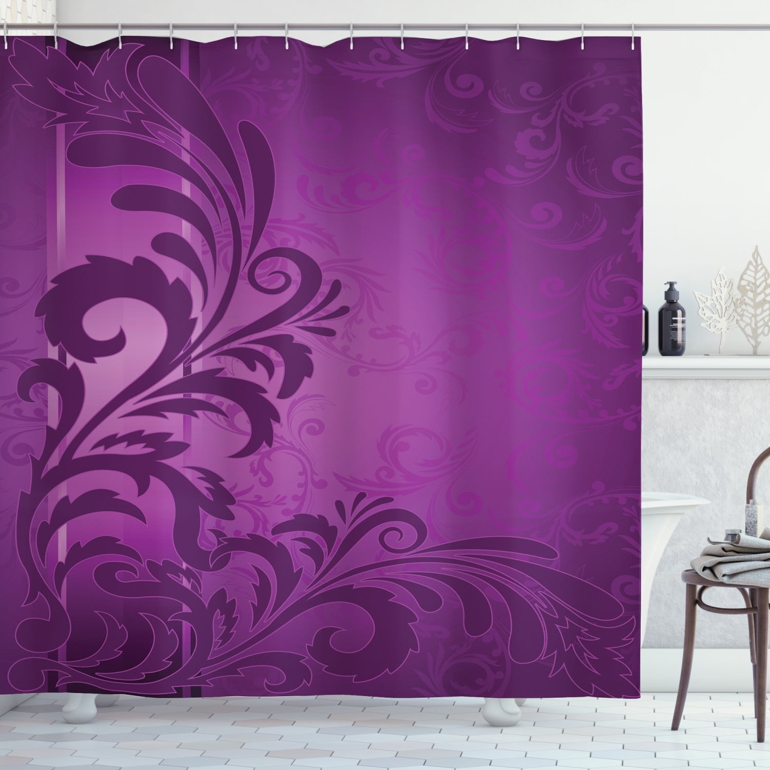Purple Shower Curtain, Spiralling Floral Branch on the Vertical Strip
