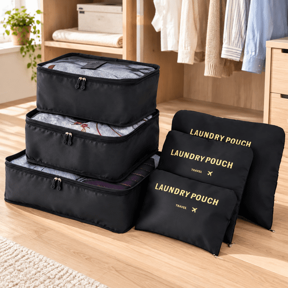6 Set Packing Cubes for Suitcases, Packing Cubes with Shoe, Cosmetics, Clothing, Accessories Bags for Travel Luggage Organizer Women Men(black)