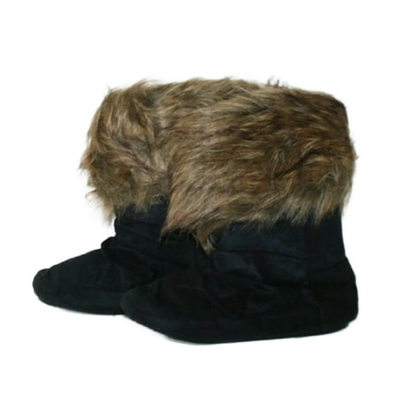 Candie's Fold-Over Faux-Fur Slipper-Black (Small 5/6)