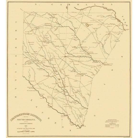Historic County Map- Spartanburgh County South Carolina - Mills 1825 - Vintage Wall Art