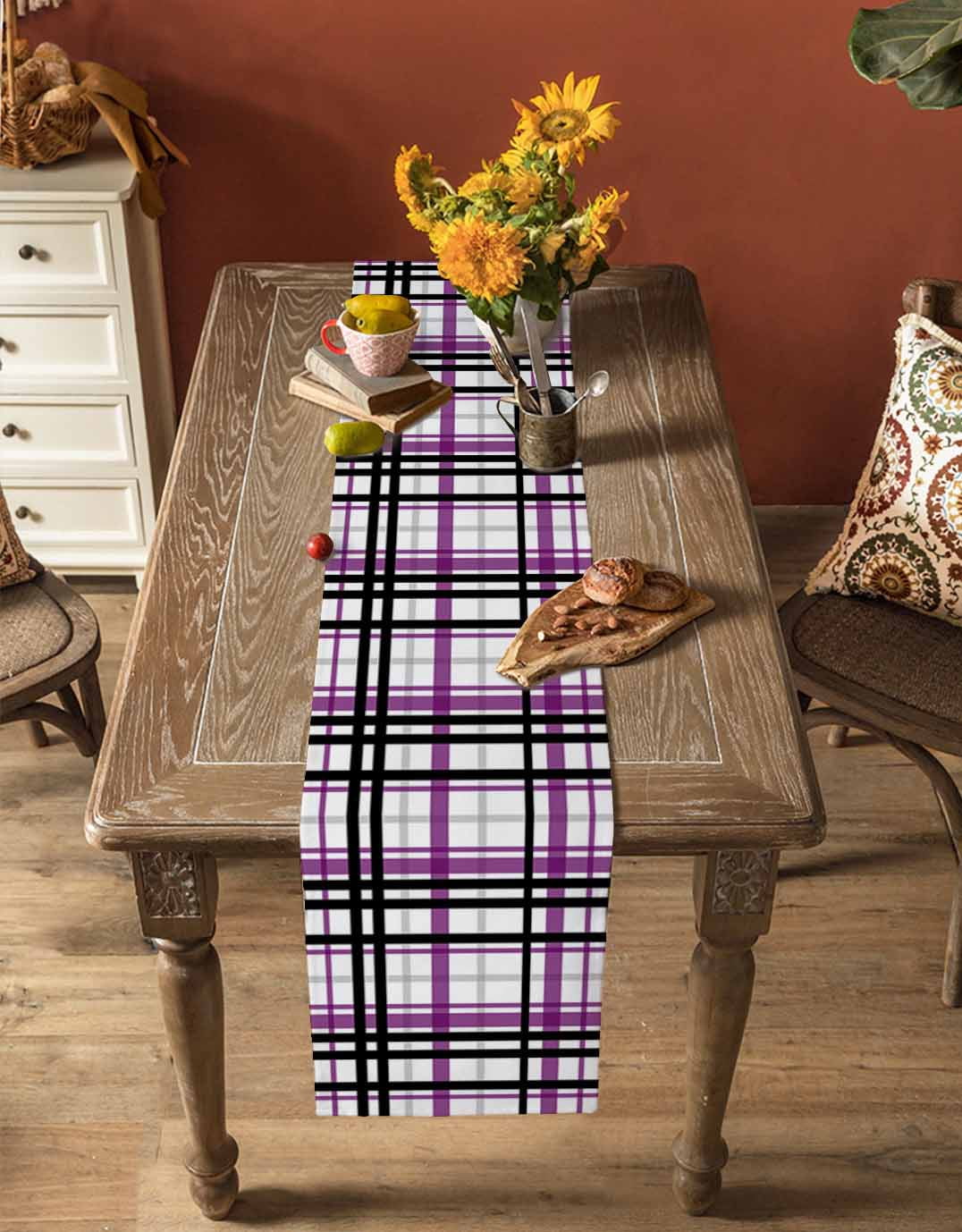 Ldtrchee Purple Black Plaid Table Runner 72 Inches, Farmhouse Purple Black Checkered Bed Runner Dresser Scarves Tabletop for Indoor Outdoor Parties/Ceremony/Banquet, 14" x 72"