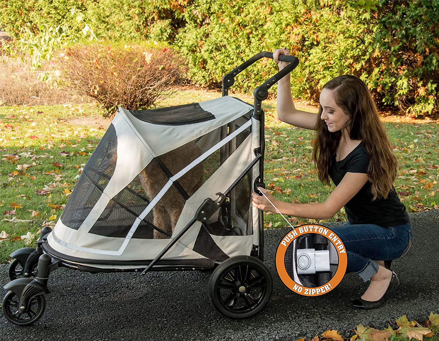 Pet Can Easily Walk in/Out Pet Gear NO-Zip Stroller Push Button Zipperless Dual Entry for Single or Multiple Dogs/Cats No Need to Lift Pet 