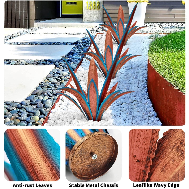 17" Metal Agave Yard Art, Tequila Rustic Garden Sculpture Statue, Metal Agave Plants for Yard Garden Lawn Outdoor Decor(Blue)