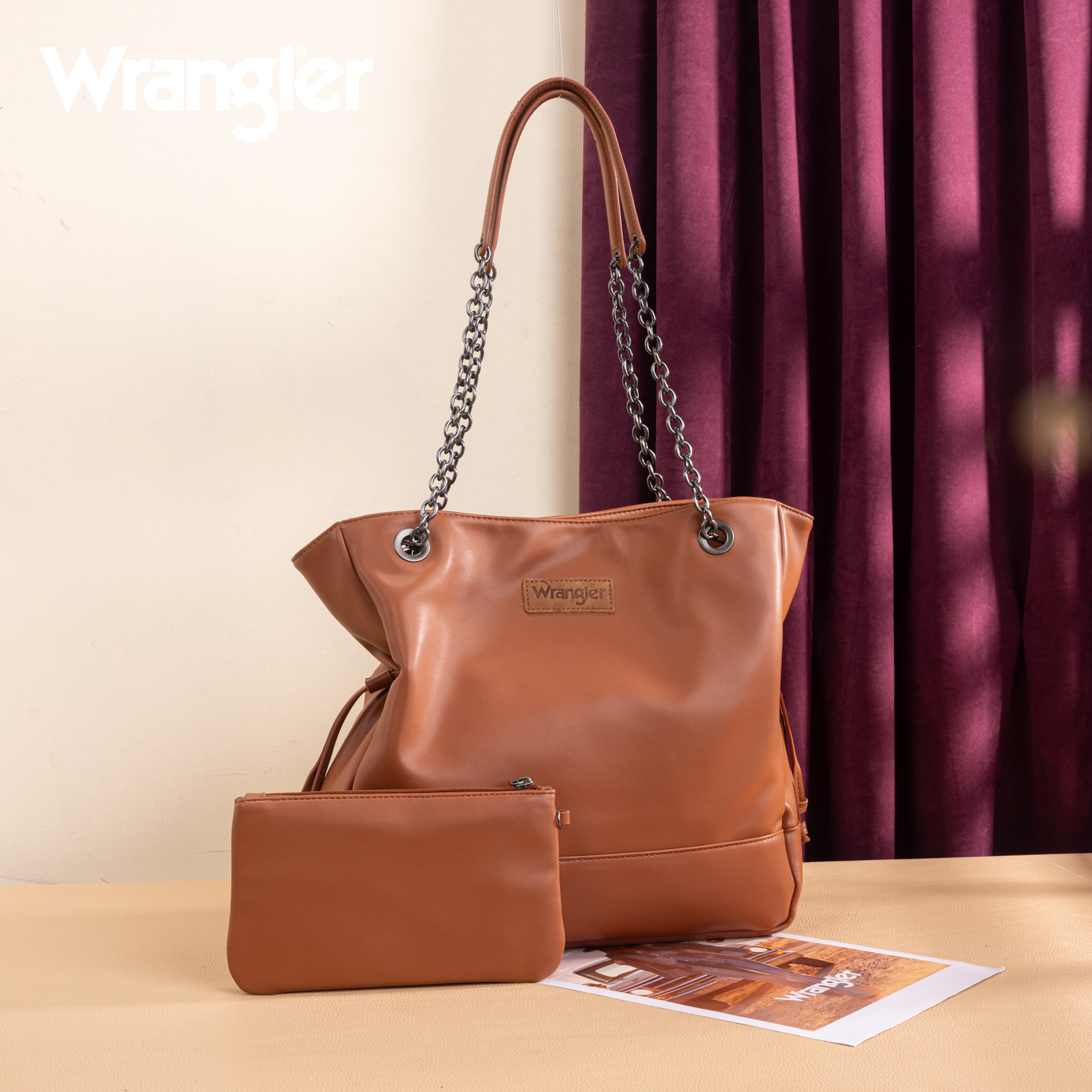 Wrangler Tote Bag for Women 2PCS Purses and Handbags Drawstring Shoulder Bag with Chain Straps, Brown