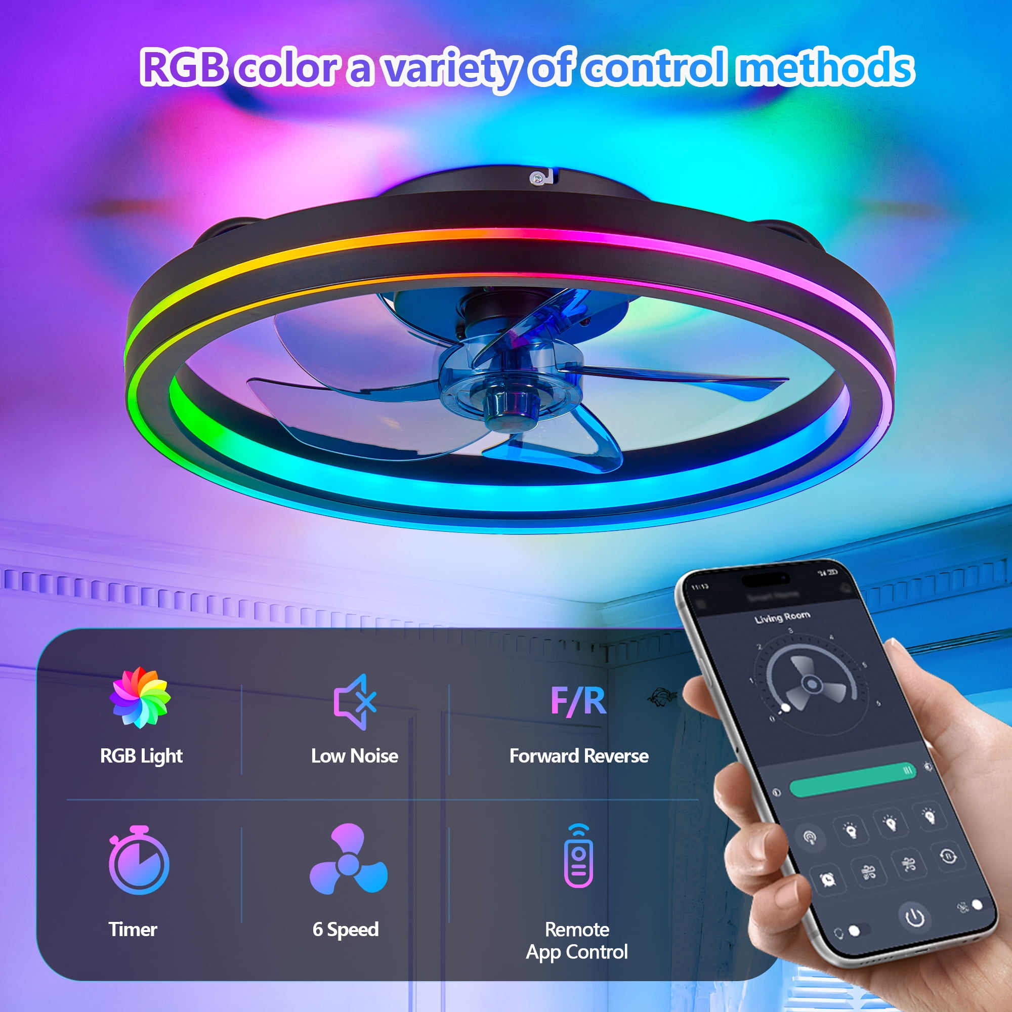 Miniyam 19" RGB Ceiling Fan with Lights and Remote Control, 6 Speed Low Profile Ceiling Fans with Lights, 3 CCTS Modern Bladeless Fandelier, Black