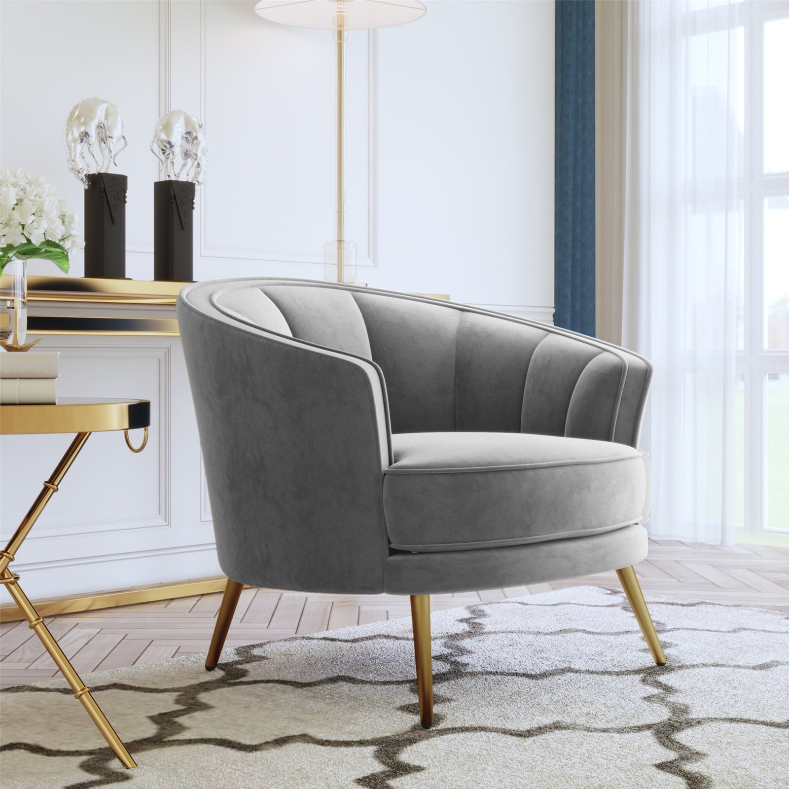 Velvet Accent Barrel Chair, Modern Seashell Tufted Upholstered Barrel