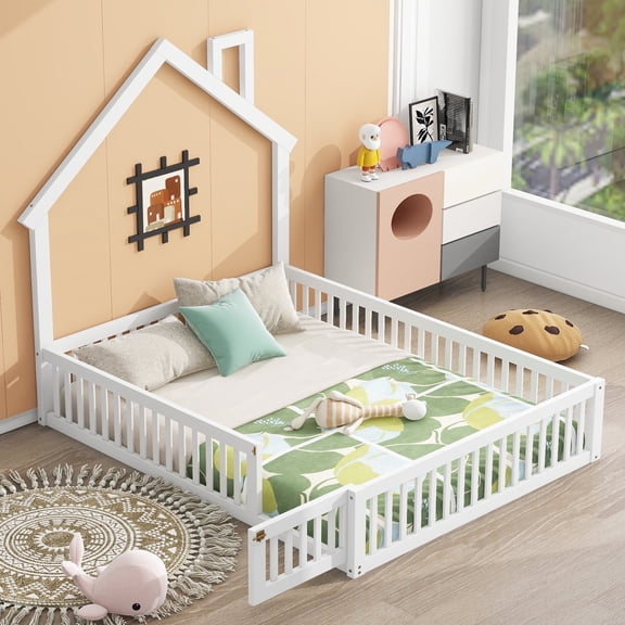 Wood Full Size House Platform Bed with Guardrail(White)