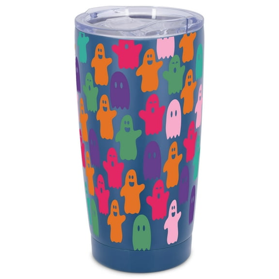 Elanze Designs Little Monsters Ghosts Halloween Wrap-Around Design 20 Ounce Stainless Steel On-The-Go Coffee Mug, Thermal Travel Tumbler with Leak Resistant Slide Lid, Navy Blue