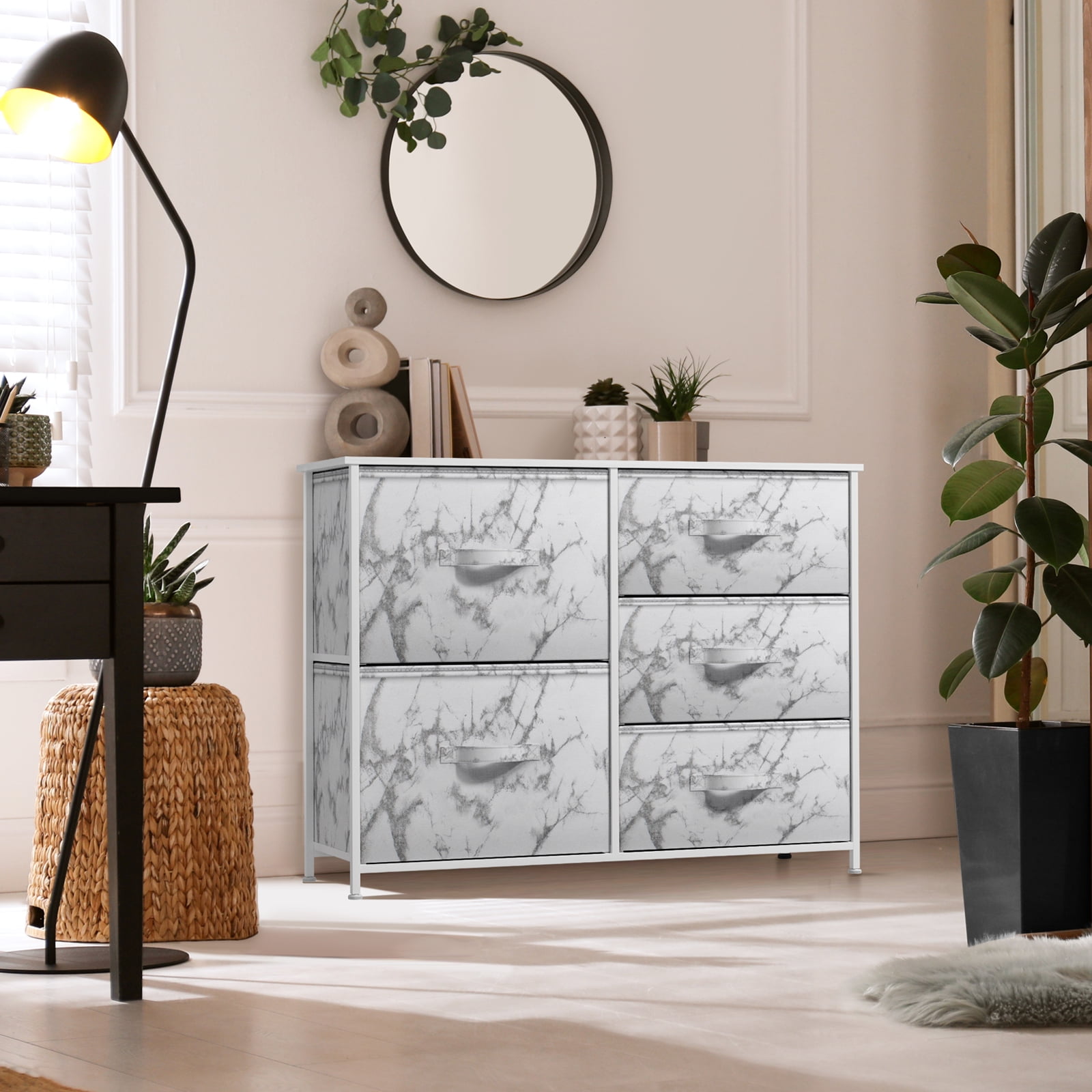 Sorbus 7-Drawers Chest Dresser - White Frame, Black Marble