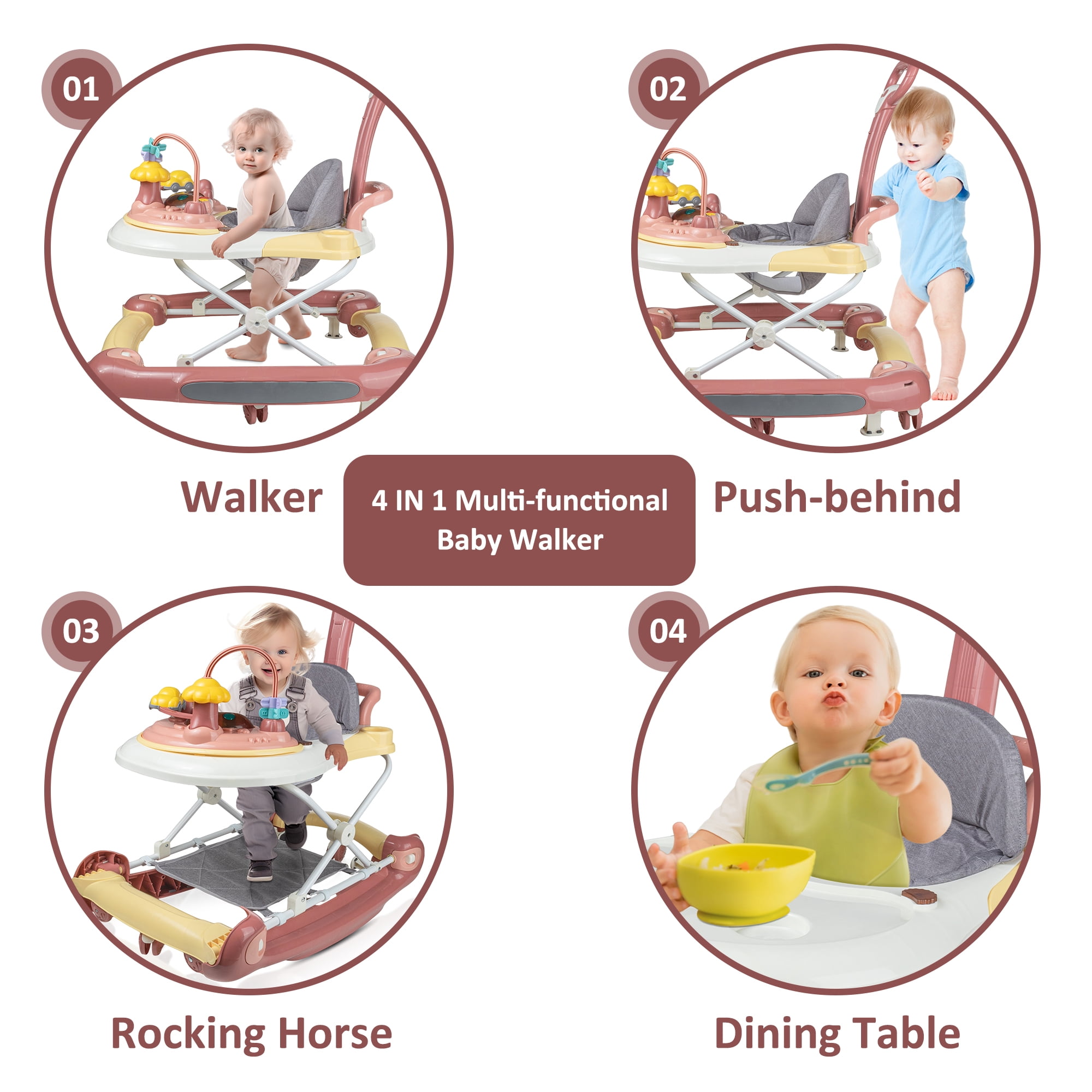 HAOUUCYIN 4-in-1 Baby Walker, Music Activity Push Walker with Wheel, Foldable and Height Adjustable, Pink