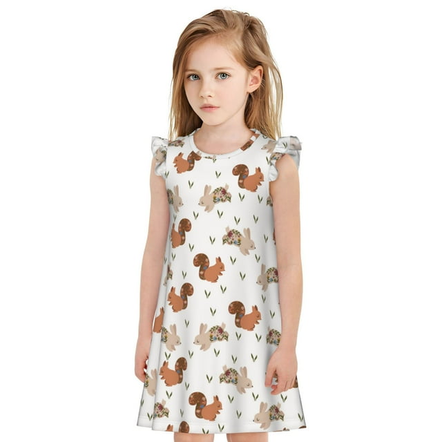 Saiise Rabbit And Squirrel Pattern Girls Flutter Sleeve Nightgown Soft Pajama Dress Knee-Length Sleepwear Comfort Playtime Home Party-Medium