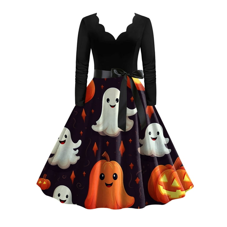 Clearance Halloween Costumes for Women Women s Vintage Print Long Sleeve V Neck Halloween Evening PartyDresses Adult Halloween Costume Women