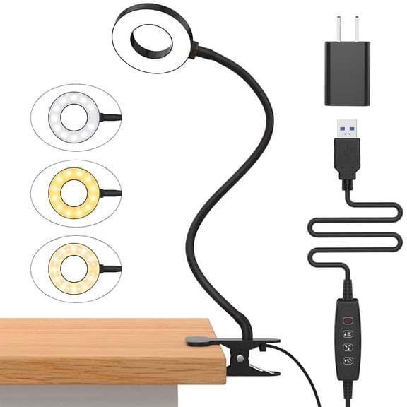 Desk Lamp, [3 Color Modes & 10 Brightness] LED Reading Light with Clamp, Silicone Flexible Arm Book Light for Kids Reading Book in Bed at Night Clip on Table, Headboard, Dorm - 15.8‘’ Black