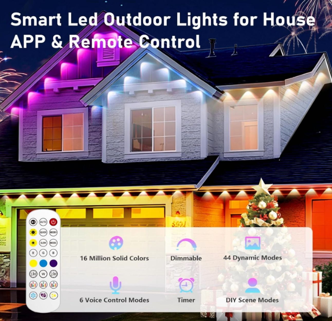 100FT Permanent Outdoor Lights,RGB+IC Eaves Lights with App & Remote Control，50 Scene Modes, IP68 Waterproof, for Christmas, Holiday, Daily & Pool Party Decor, House Roof Lighting