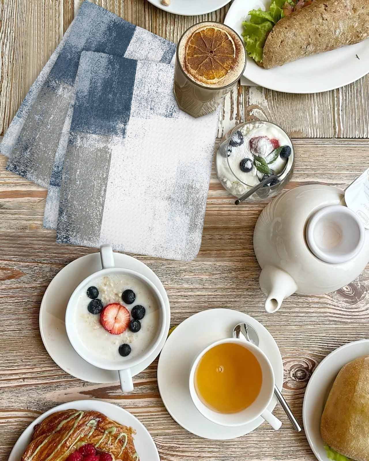 Blue Grey Kitchen Dish Towels for Drying Dishes Set of 3, Abstract Modern Painting Mottled White Art Waffle Weave Microfiber Terry Hand Tea Bathroom Towels Quick Dry & Absorbent Towel 15.7x23.6