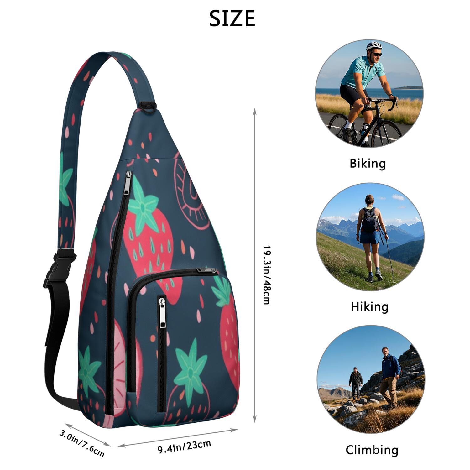 Hiking Sling Backpack Crossbody Shoulder Backpack Gym Sports Travel Hiking Daypack Chest Bag Small Backpack for Outdoor Enthusiasts Strawberry