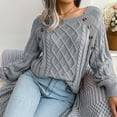 thumbnail image 5 of Defitshape Women's Cable Knit Sweater Long Sleeve Fall Top Boat Neck Soft Button Bishop Sleeve Spring Elegant Winter Thick Loose Fit Knitwear Knitted Pullover Sweater Grey Small, 5 of 5