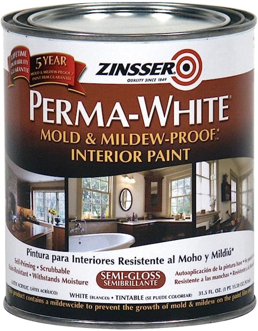 Zinsser 2754 PermaWhite Mold & MildewProof Interior Paint, 1 Quart