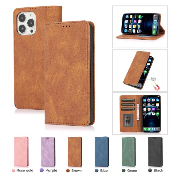 Allytech Magnetic Case for iPhone 14 Pro Max, [3 Card Slots] [1 Cash Slots] Slim PU Leather Shockproof Camera Lens Protection Kickstand Magnetic Closure Luxury Case for Women Men - Brown