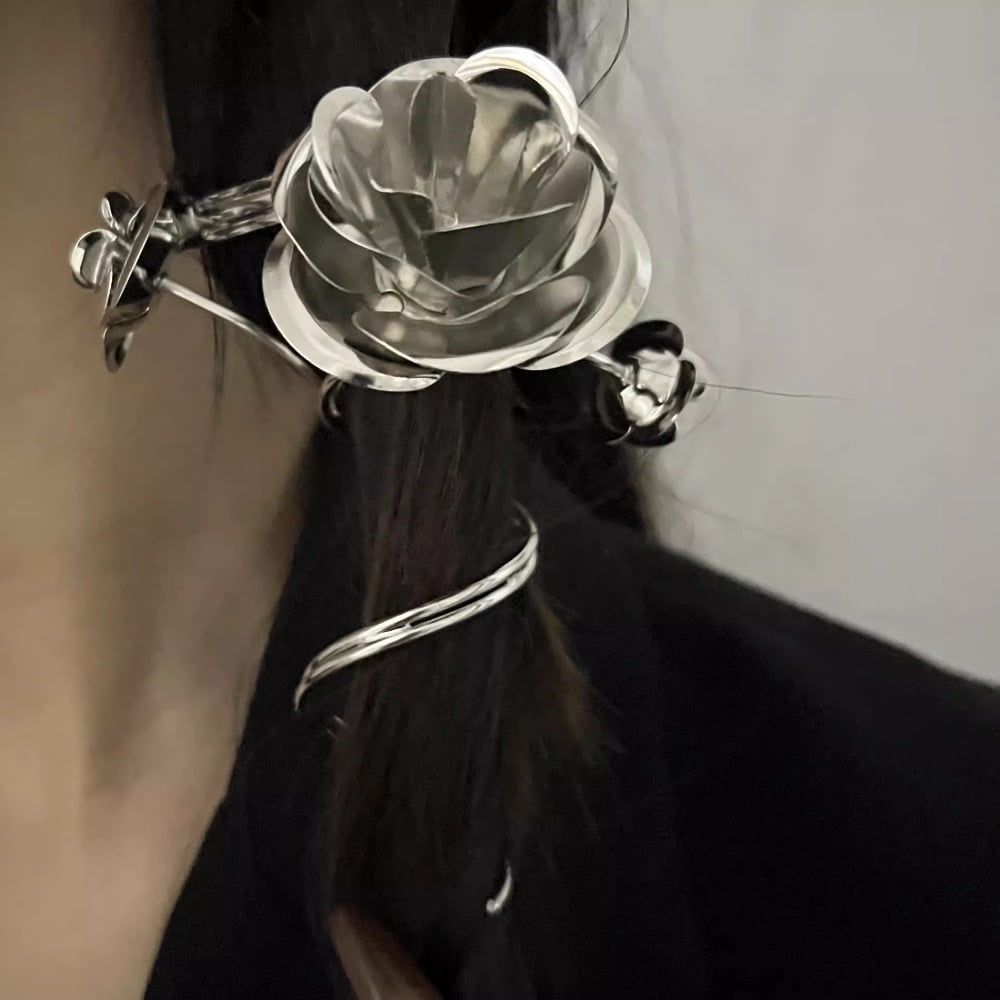 Punk Gothic Dark Alphabet Hair Clip Rose Flower Silver Metal Hair Accessories Personality Clip Ponytail Rose Wrap