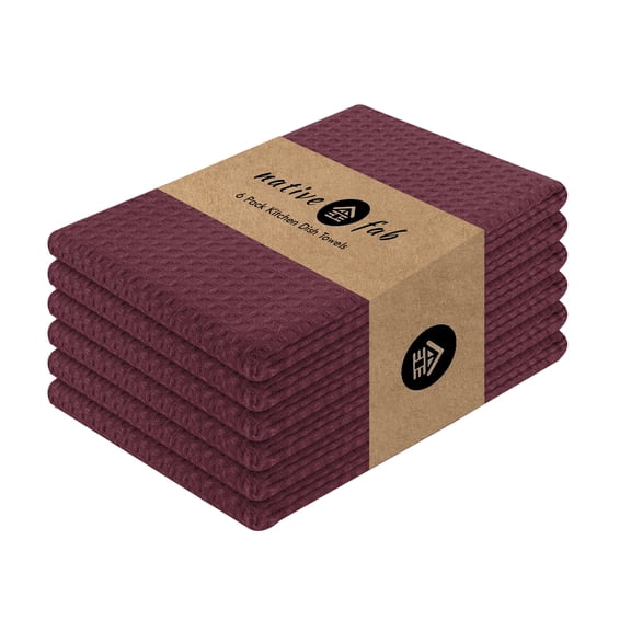Native Fab Set of 6 Cotton Kitchen Dish Towels 16x26 Absorbent Durable Washable, Tea Towels, Dish Cloths, Bar Towels, Cleaning Towels, Kitchen Towels with Hanging Loop, Burgundy