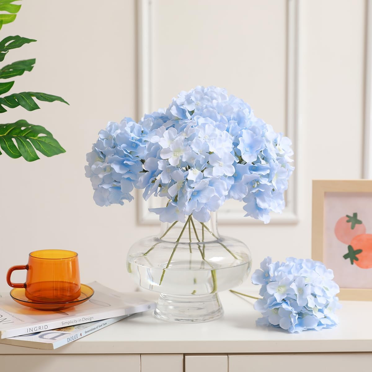 Hydrangea Artificial Flowers with Stems 12pcs Silk Blue Flower Heads for Office Home Party Wedding Centerpiece Decoration Bouquets DIY Floral Decor (Sky Blue)