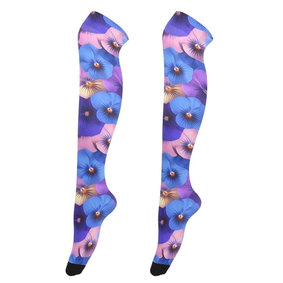 Dailycode Sheer Knee High Stockings for Women Pink Blue Purple Pansies