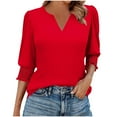 thumbnail image 2 of Fznquz Red Women's T Shirts 3/4 Sleeve Fall Casual Tees Pleated Solid Color Loose Winter Tops,L, 2 of 7