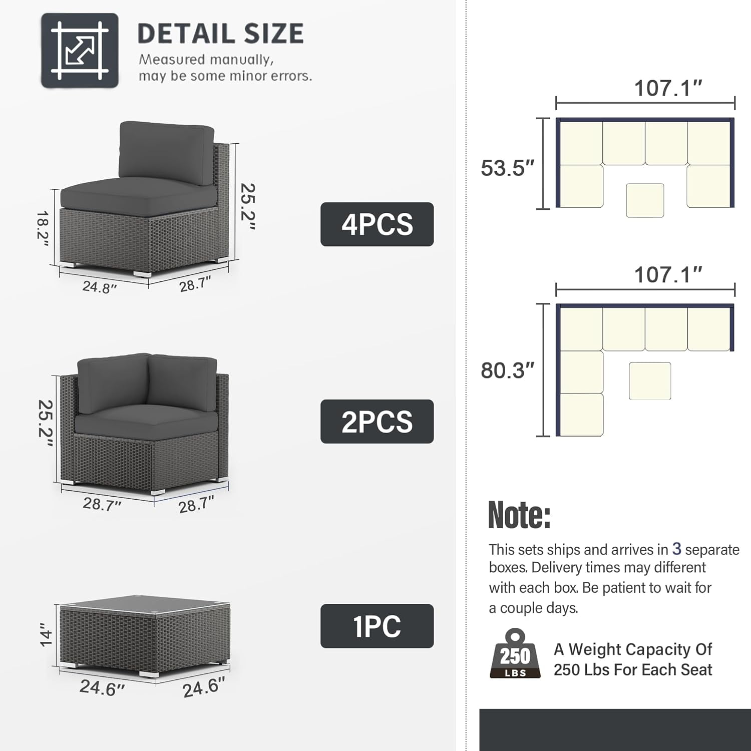 SUNCROWN 7-Piece Outdoor Patio Furniture Sofa Set All-Weather Black Wicker Sectional Conversation Set with Modern Glass Coffee Table and Cushions (Grey)