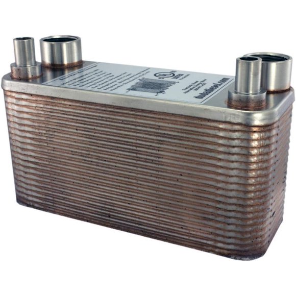Duda Energy HX1240:F34CU38 B3-12A 40 Plate Stainless Steel Heat Exchanger with 3/4" Female NPT x 3/8" Copper Sweat Ports Copper Brazed, 3.8" Height, 2.9" Width, 7.5" Length