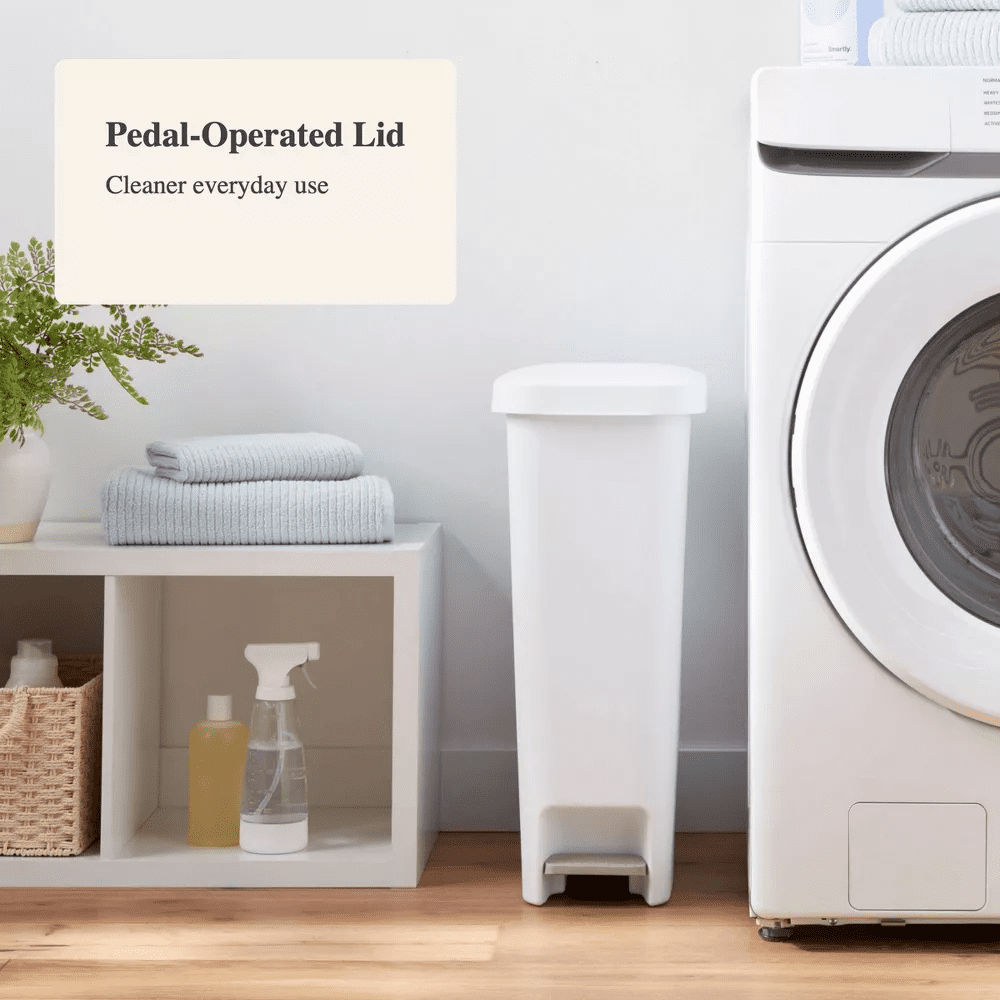 11 Gallon Slim Step Trash Can White, Pedal-Operated Hands-Free Kitchen Garbage Bin, Textured Plastic Wastebasket for Narrow Spaces, Stay-Open Lid, Easy Clean
