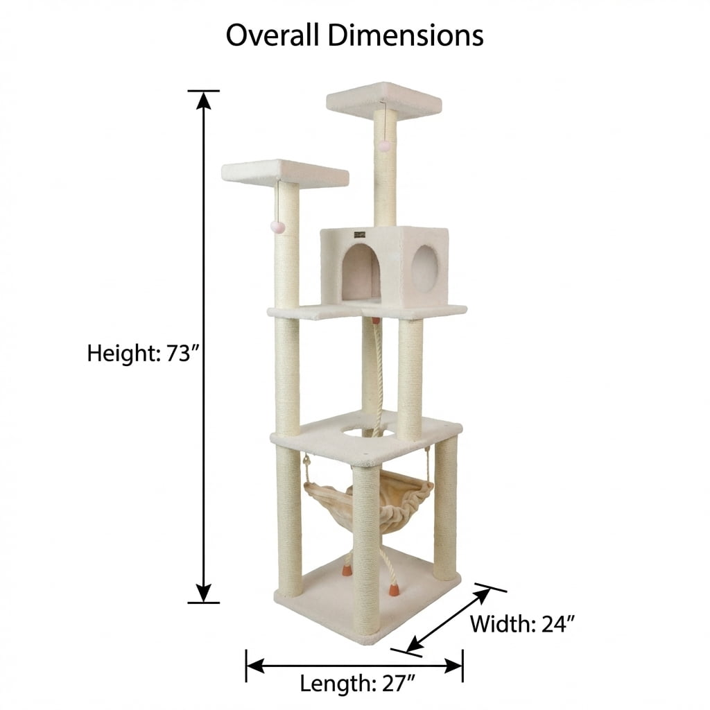 Cat Tree Tower, 73 Inch Tall Multi-Level Cat Condo with Natural Sisal Scratching Posts, Plush Perches, Cozy Hideaway, Hanging Hammock and Rope, Beige