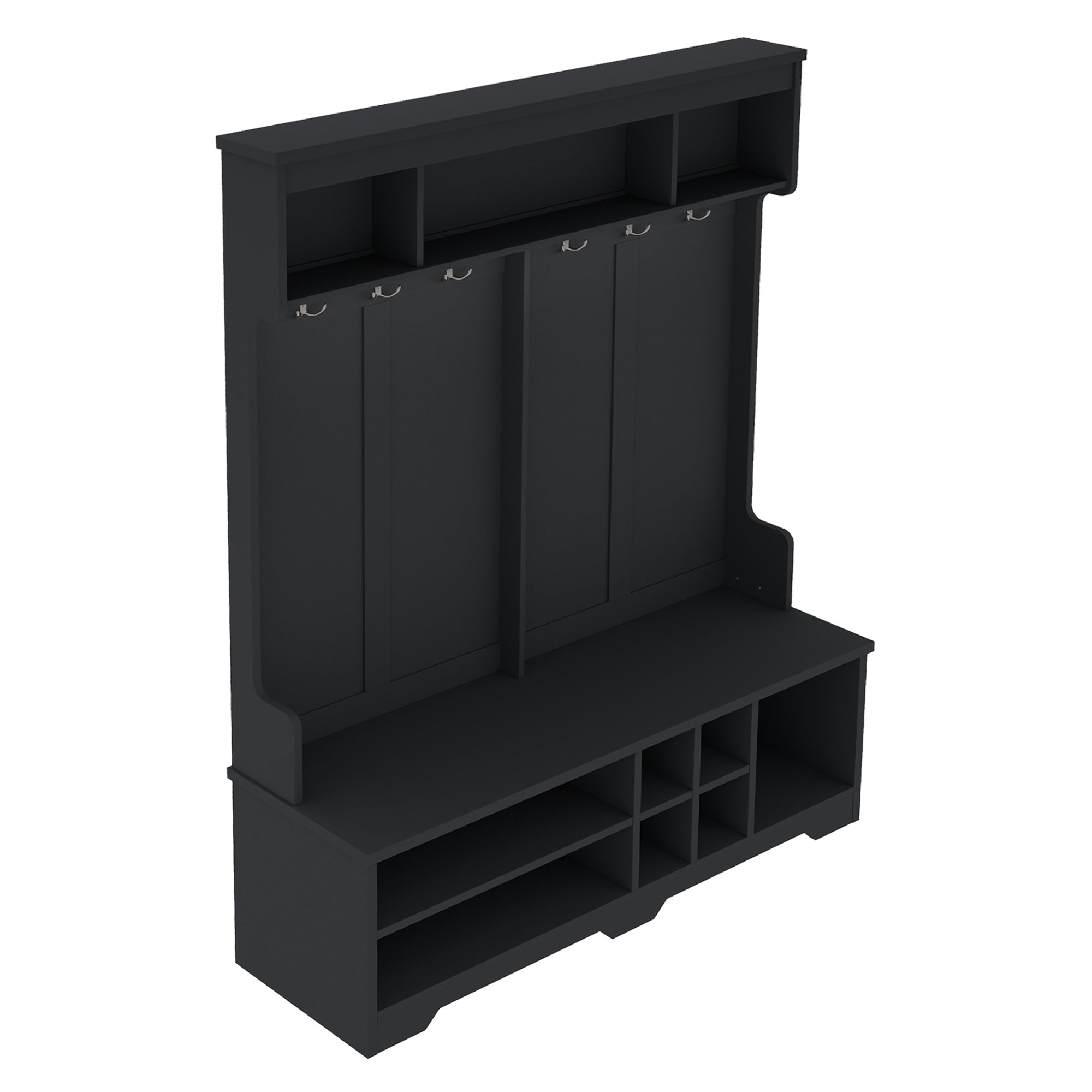 Mintazer Hall Tree with Coat Hooks, Multifunctional Entryway Shoe Storage Bench and Upper Open Cubbies for Living Room Mudroom Hallway, Black