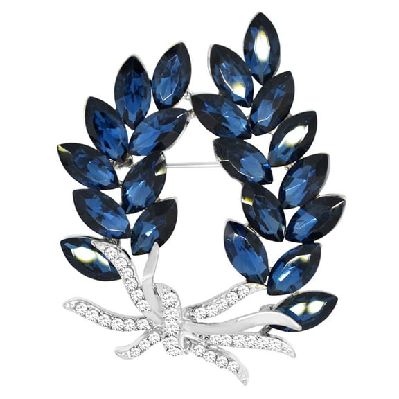 Silvery Tone Olive Leaf Branch Crystal Rhinestone Holiday Pin Brooch BZ054 (Blue)
