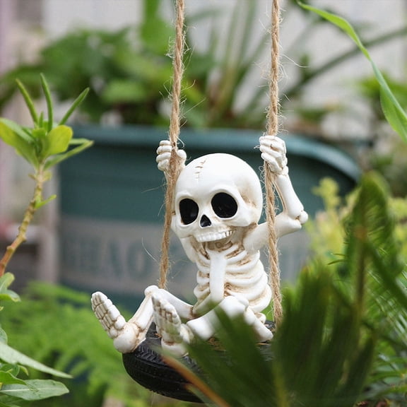 Kouaol Skeleton on Tire Swing Sculpture, Creepy Outdoor Hanging Accent for Halloween Porch and Yard