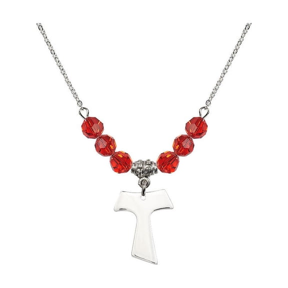 18-Inch Rhodium Plated Necklace with 6mm Red July Birth Month Stone Beads and Tau Cross Charm
