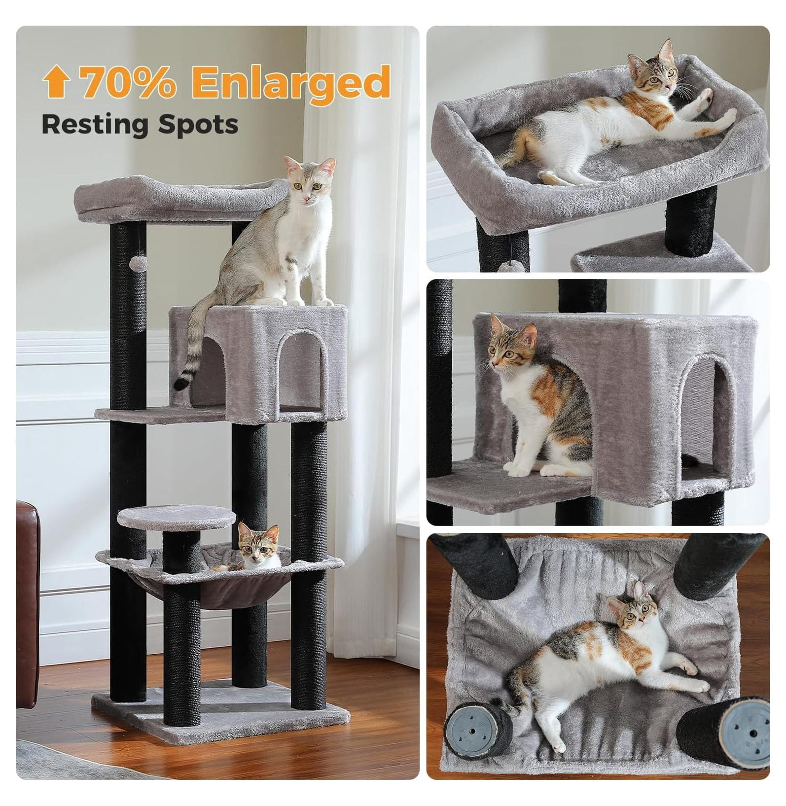Large Cat Tree for Big Cats 30lbs, 57.8" Heavy Duty Tower, Maine Coon Cat Furniture - Reinforced Scratching Posts, Hammock & Condo, Plush Black