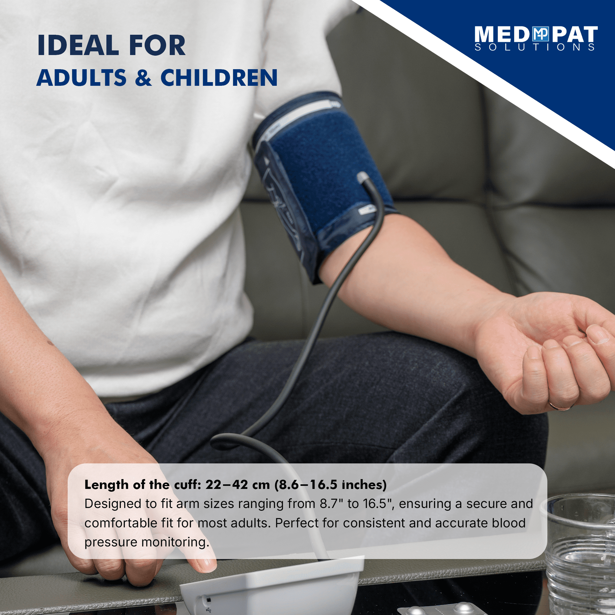 Med-Pat Digital Oscillometric Blood Pressure Monitor BP-S with Adjustable Cuff and Large LED Display, FDA Approved