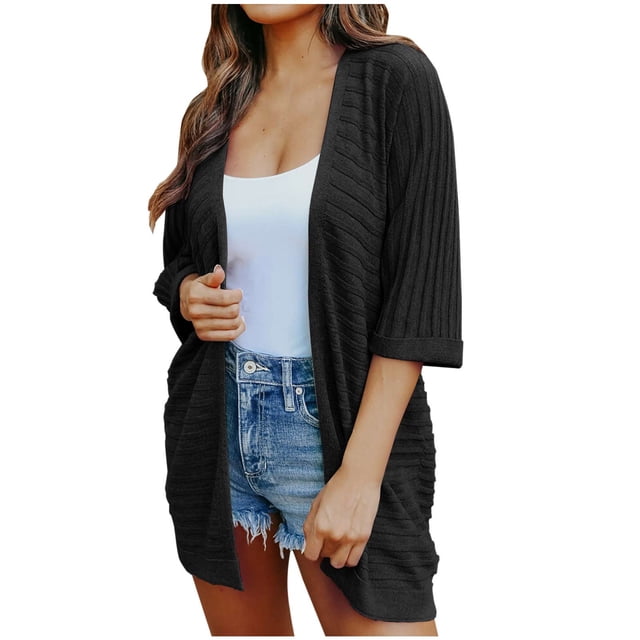 AherBiu Cardigan pour Femmes Ouvert devant Tricoté Ample Décontracté Pull Manches 3/4 Cardigan Confortable Automne
