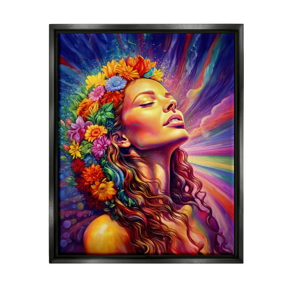 Stupell Industries Woman with Floral Garland Botanical & Floral Painting Black Floater Framed Canvas Art Print Wall Art, 17 x 21