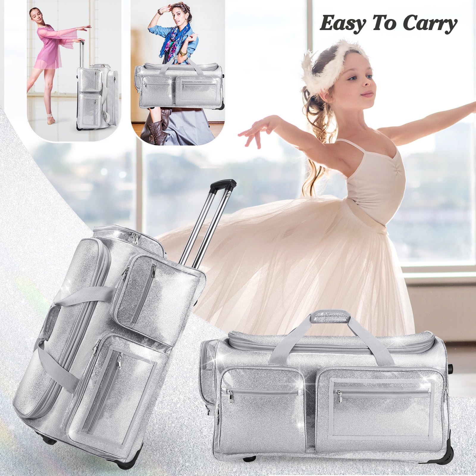 Dance Bag with Garment Rack, Glitter Silver 28" Dance Competition Must Haves Garment Bags for Travel, Costumes Rolling Garment Bag For Travel Collapsible Suitcase for Dancers Performers Recital