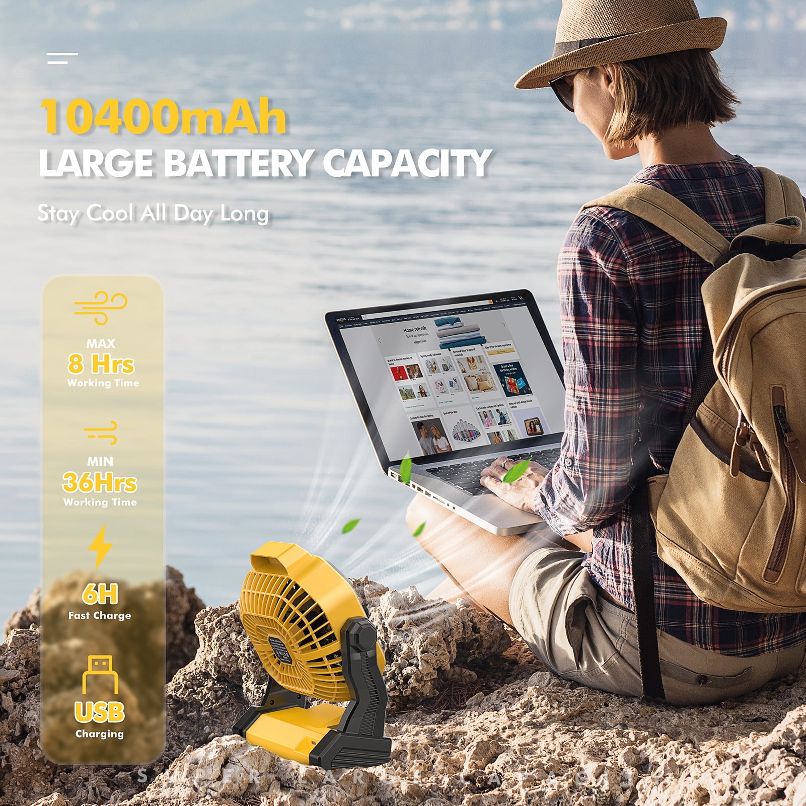 Camping Fan with LED Lantern, Portable Fan Rechargeable Battery Powered Fan, Desktop Camping Fan for Picnic, Fishing, Home, Tent